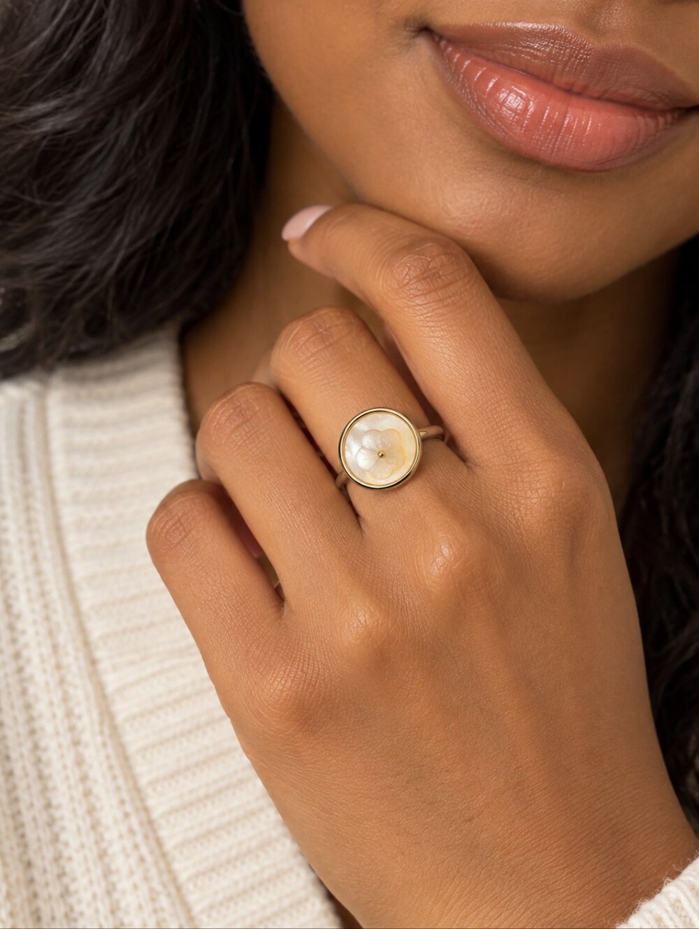 Gold Tone Ring with Cream Cabochon